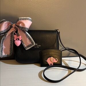 Kate Spade pebbled leather bag w/ Kate elephant card holder w/ charm & scarf